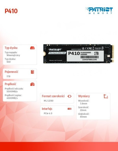 Dysk SSD Patriot P410 1TB M.2 2280 PCIe 4.0 x4 NVMe szybki dla graczy