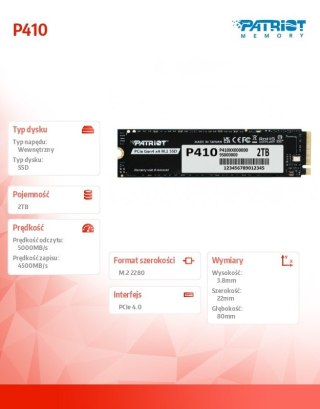 Dysk SSD Patriot P410 2TB M.2 2280 PCIe 4.0 NVMe szybki wydajny gamingowy