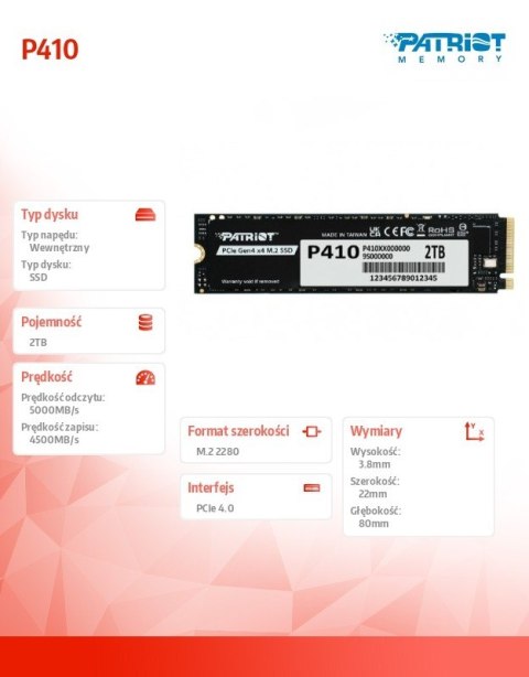 Dysk SSD Patriot P410 2TB M.2 2280 PCIe 4.0 NVMe szybki wydajny gamingowy