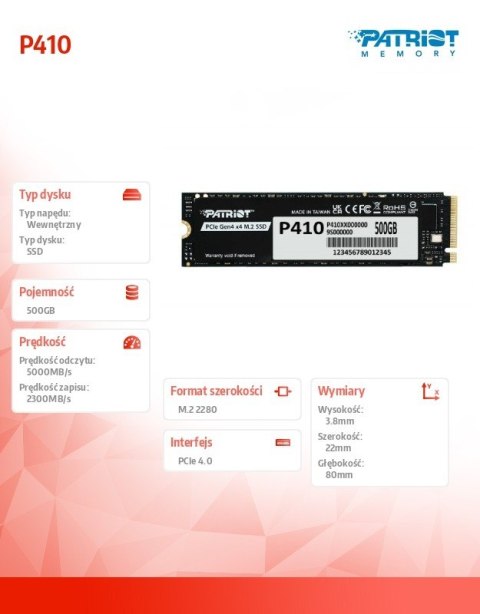 Dysk SSD Patriot P410 500GB M.2 2280 PCIe Gen4 x4 NVMe 1.4 szybki wydajny