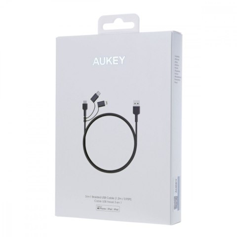 AUKEY CB-BAL5 3w1 kabel micro USB | USB-C | Lightning | 1.2m nylonowy oplot czarny