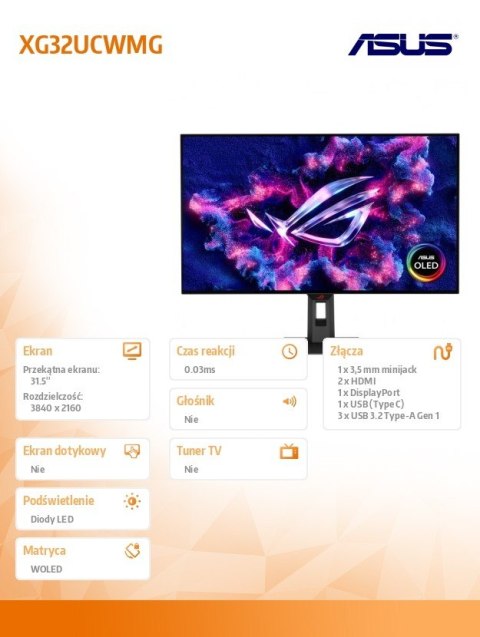 Asus Monitor 31.5 cala XG32UCWMG ROG 4K UHD 0.03 HDMI DP USB