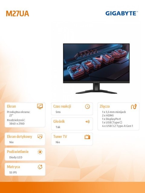 Gigabyte Monitor 27 cali M27UA IPS UHD 2HDMI DP 160Hz