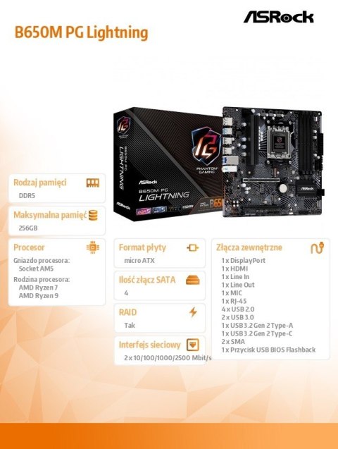 ASRock Płyta główna B650M PG LIGHTNING AM5 4DDR5 HDMI/DP mATX