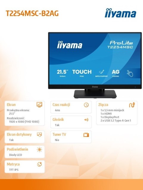 IIYAMA Monitor 24 cale T2254MSC-B2AG POJ.10PKT.IPS,POWŁOKA AG, 300cd, FHD, HDMI,DP,2xUSB,7H