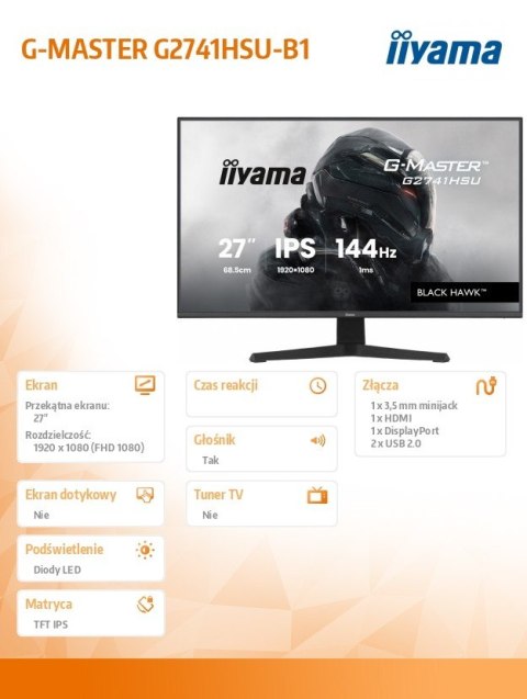 IIYAMA Monitor 27 cali G2741HSU-B1 IPS,FHD,144Hz,1ms,2xUSB, 350cd,HDMI,DP