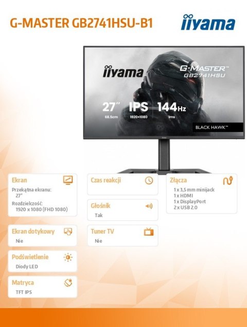 IIYAMA Monitor 27 cali GB2741HSU-B1 IPS,FHD,144Hz,1ms,2xUSB,350cd,HDMI,DP, HAS (150) PIVOT