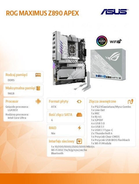 Asus Płyta główna ROG MAXIMUS Z890 APEX s1851 4DDR5 TB4 ATX/90MB1IP0-M0EAY0