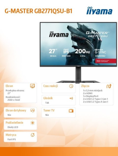 IIYAMA Monitor 27 cali GB2771QSU-B1 QHD,Fast IPS,200Hz,HAS (150) PIVOT,2xUSB 3.2,2xUSB C,0,5ms,2xHDMI,DP,350cd,Adaptive G-SYNC 1920x108