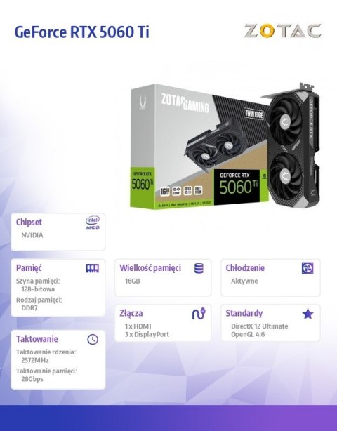 ZOTAC Karta graficzna GeForce RTX 5060 Ti 16GB TWIN EDGE GDDR7 128bit 3DP/HDMI