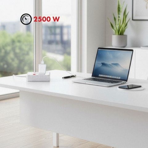 Maclean Listwa zasilająca, MCE388 W 2 gniazda, 3xUSB, 110-240V AC 50/60Hz, 2.1A max 2500W, 3m biała