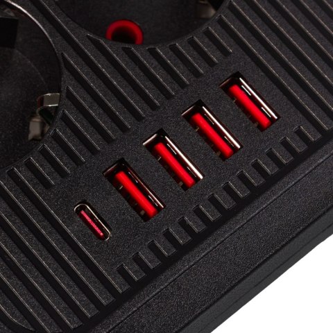 Maclean Listwa zasilająca MCE389 B 6 gniazd 4xUSB-A, 1xUSB-C 110-240V AC 50/60Hz, 2.1A max 2500W, czarna