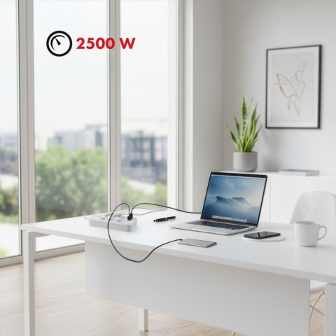 Maclean Listwa zasilająca MCE391 W 6 gniazd 4xUSB-A 1xUSB-C 110-240V AC 50/60Hz, 2.1A max 2500W, biała