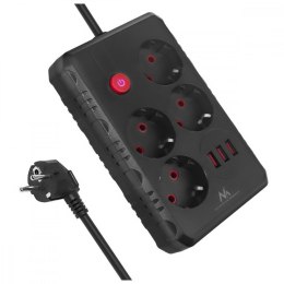 Maclean Listwa zasilająca MCE392 B, 4 gniazda 3xUSB, 110-240V AC 50/60Hz, 2.1A max 2500W, 1,5m czarna
