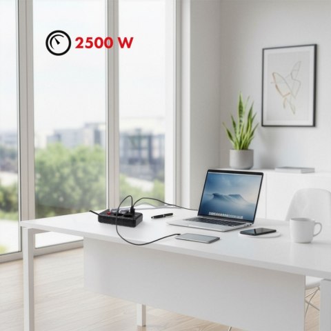 Maclean Listwa zasilająca MCE392 B, 4 gniazda 3xUSB, 110-240V AC 50/60Hz, 2.1A max 2500W, 1,5m czarna