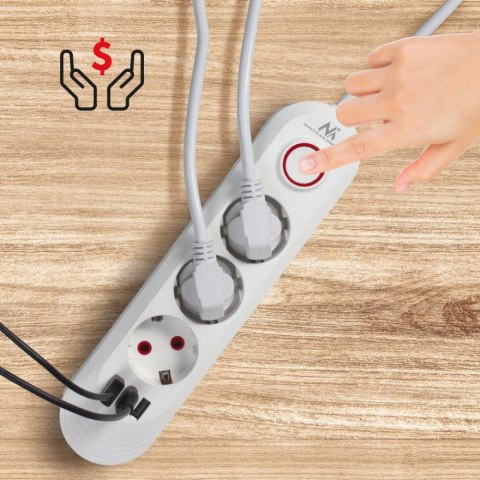 Maclean Listwa zasilająca MCE394 W 3 gniazda 3xUSB, 110-240V AC 50/60, 2.1A max 2500W, biała