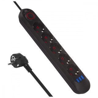 Listwa zasilająca Maclean MCE395 B 5 gniazd 3x USB 2500W czarna bezpieczna