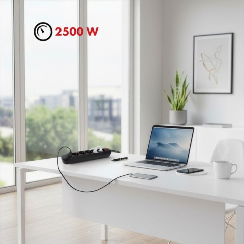 Maclean Listwa zasilająca MCE395 B 5 gniazd 3xUSB, 110-240V AC 50/60Hz, 2.1A max 2500W, czarna