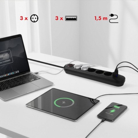 Maclean Listwa zasilająca MCE395 B 5 gniazd 3xUSB, 110-240V AC 50/60Hz, 2.1A max 2500W, czarna