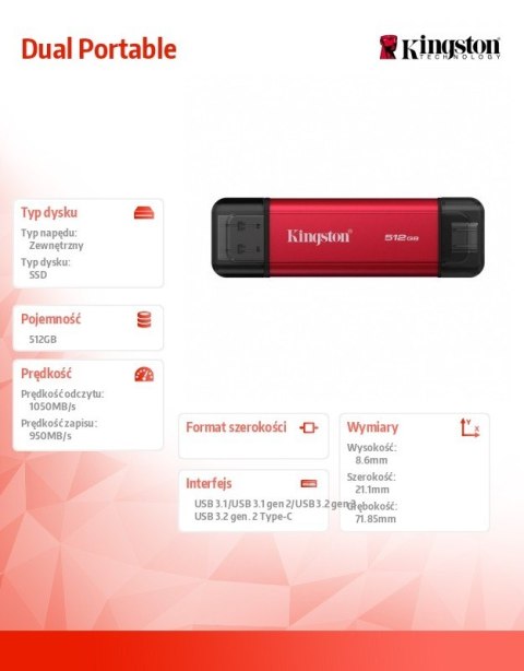 Kingston Dysk zewnętrzny SSD 512GB DualPortable USB-A/C 3.2 Gen2