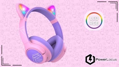 Słuchawki nauszne PowerLocus Bobo Cat bezprzewodowe fiolet LED dla dzieci