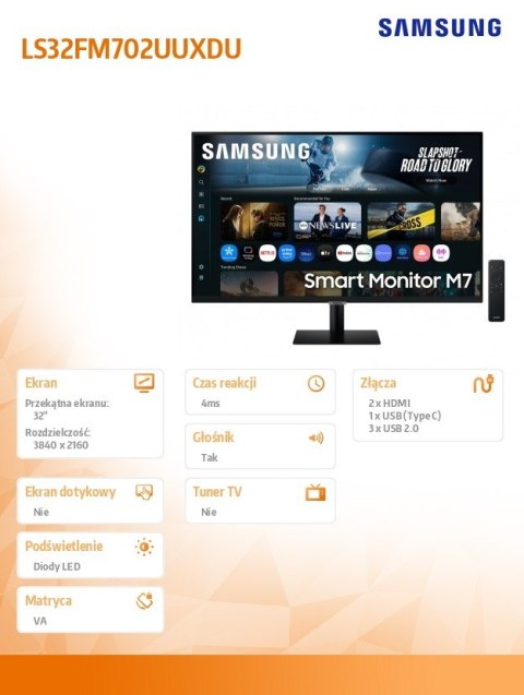 Samsung Monitor 32 cale Smart M7 60Hz 4K 3840x2160 UHD M70F LS32FM702UUXDU