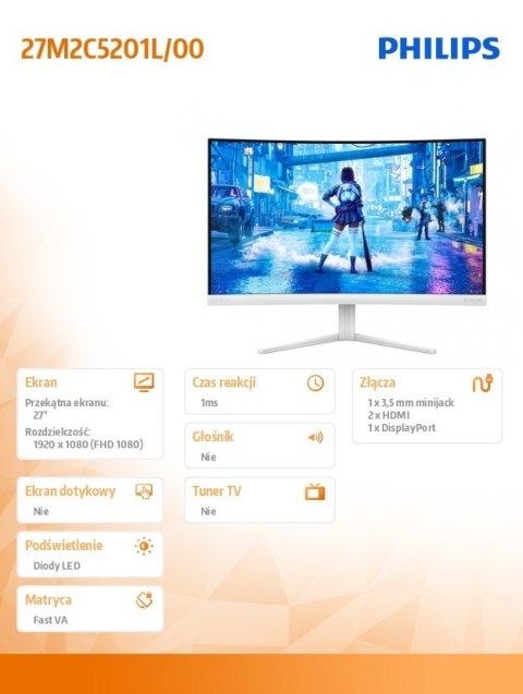 Philips Monitor 27M2C5201L 27 cali Curved VA 180Hz HDMIx2 DP
