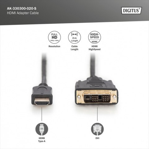 Digitus Kabel adapter HDMI Standard 1080p 60Hz FHD Typ HDMI A/DVI-D (18+1) M/M czarny 2m