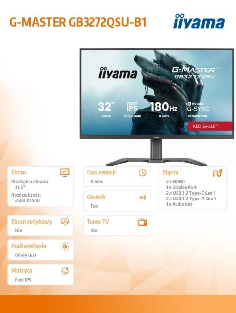 IIYAMA Monitor 31.5 cala GB3272QSU-B1 QHD,IPS,180Hz,2xHDMI,DP,400CD, 2xUSB 3.2 , 2xUSB-C,G-SYNC Compatible, 2x5W, , HAS 150