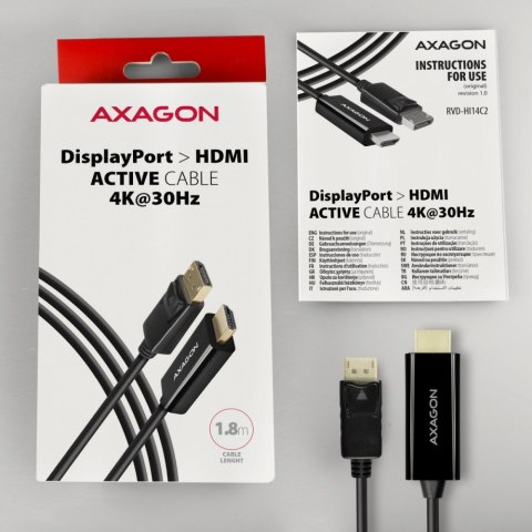 AXAGON RVD-HI14C2 Adapter aktywny DisplayPort -> HDMI 1.4, 4K/30Hz, kabel 1,8m