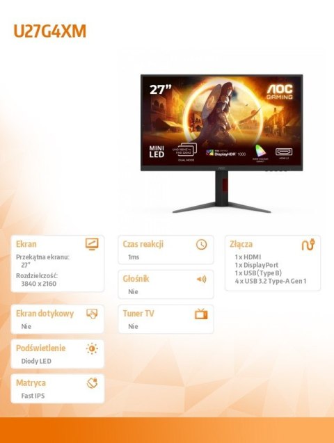 AOC Monitor U27G4XM 27 cali Fast IPS 4K 160Hz Mini LED HDMI DP Pivot