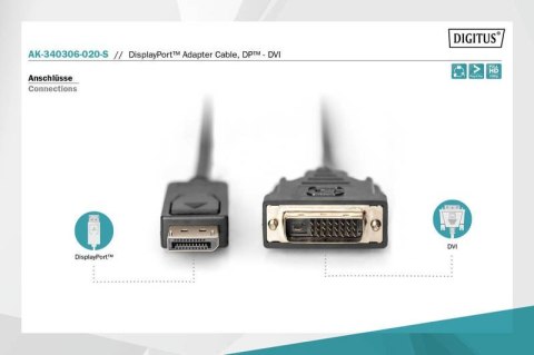Digitus Kabel DisplayPort z zatrzaskiem 1080p 60Hz FHD Typ DP/DVI-D (24+1) M/M 2m