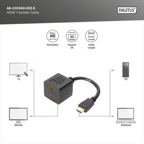 Digitus Kabel rozdzielacz/splitter HDMI HighSpeed 1080p 24Hz FHD Typ HDMI A/2xHDMI A M/Ż 0,2m Czarny