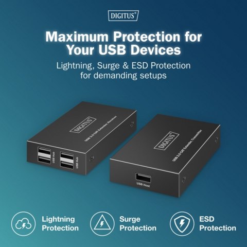 Digitus Przedłużacz (extender) po skrętce kat.6 USB 2.0 do 150m, 4x USB-A do 480 Mbps, 1x RJ45 (Gigabit Ethernet) - zestaw (odbiornik/na