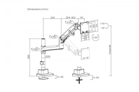 Digitus Ramię biurkowe pojedyncze z zaciskiem i sprężyną gazową 1x LCD max. 57" 27kg, VESA: 75x75, 100x100, białe