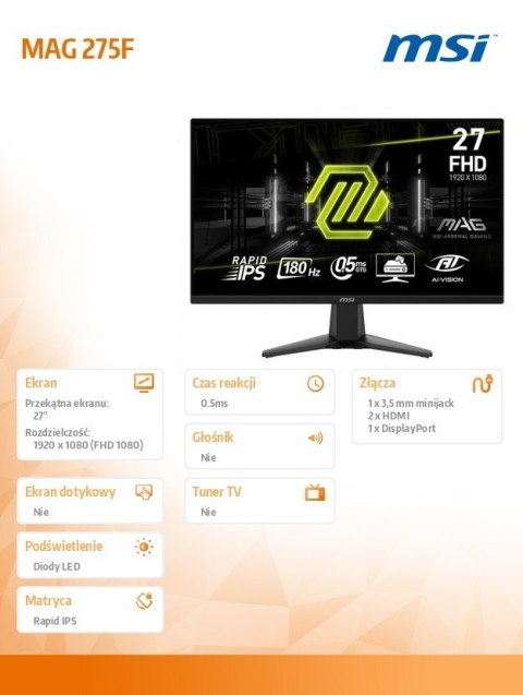 MSI Monitor 27 cali MAG 275F LED/FHD/Flat/180Hz/czarny