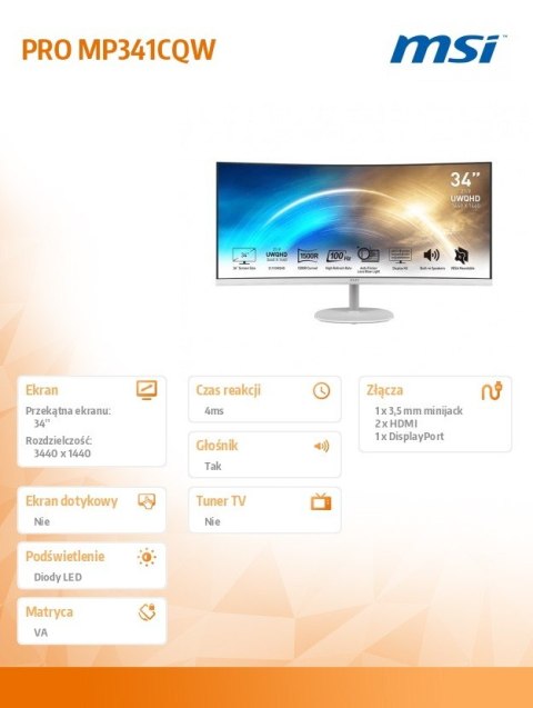 MSI Monitor 34 cale PRO MP341CQW CURVED/VA/UWQHD/100Hz