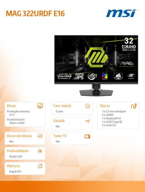 MSI Monitor MAG 322URDF E16 31.5 cala LED/UHD/Flat/160Hz