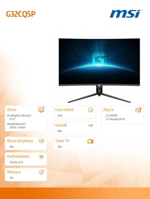 MSI Monitor G32CQ5P 31.5 cala Zakrzywiony/WQHD/VA/170Hz