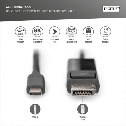 Digitus Kabel adapter USB Typ C/DisplayPort dwukierunkowy 8K 30Hz 2m