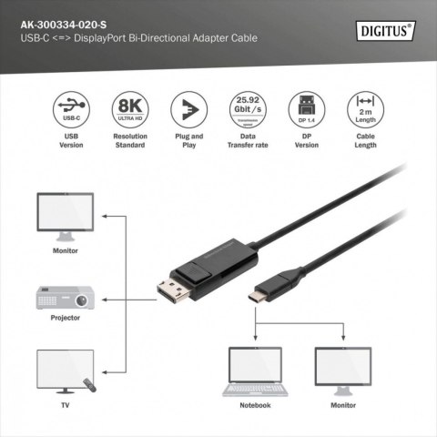 Digitus Kabel adapter USB Typ C/DisplayPort dwukierunkowy 8K 30Hz 2m