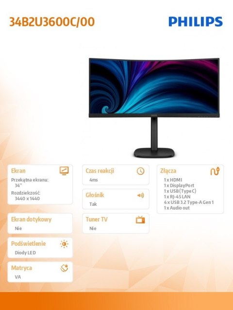 Philips Monitor 34B2U3600C 34 cale Curved VA HDMIx2 DP HAS RJ-45