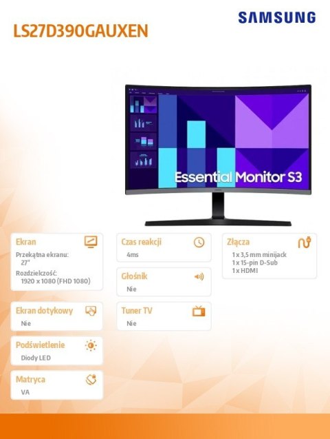 Samsung Monitor 27 cali S39GD VA 1920x1080 FHD 16:9 1xHDMI 1xD-Sub 4ms 100Hz zakrzywiony 3YOn-Site (LS27D390GAUXEN)