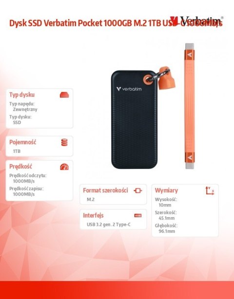 Verbatim Dysk SSD Verbatim Pocket 1000GB M.2 1TB USB-C 1000Mb/s