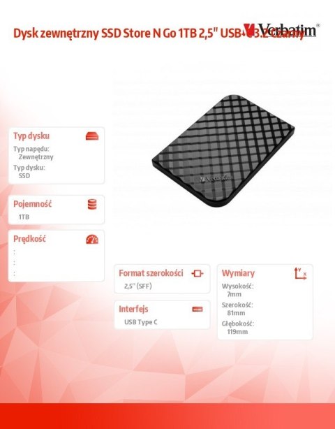 Verbatim Dysk zewnętrzny SSD Store N Go 1TB 2,5" USB-C 3.2 Czarny 53230