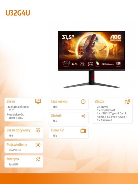 AOC Monitor 31.5 cala U32G4U Fast IPS 4K 160Hz HDMIx2 DP