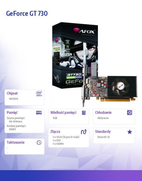 AFOX Karta graficzna GeForce GT 730 1GB DDR3 64Bit DVI HDMI VGA LP Fan V1