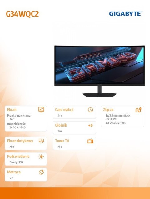 Gigabyte Monitor 34 cale G34WQC2 WQHD 200Hz 2DP 2HDMI