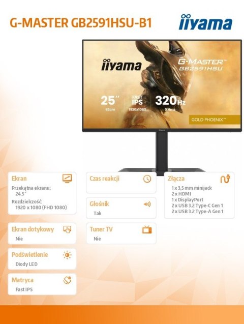 IIYAMA Monitor 25 cali GB2591HSU-B1 0.4ms, DP, 2xHDMI 2.1, 320Hz, Fast IPS, USB HUB x4