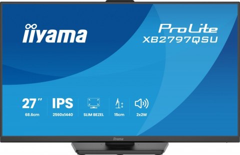 IIYAMA Monitor ProLite 27 cali XB2797QSU-B1 IPS,QHD,2xHDMI,DP,350cd,75Hz,1000:1, USB HUB,x4 ((2x Type-A v.3.2 Gen 1 (5Gbps, 4.5W) 